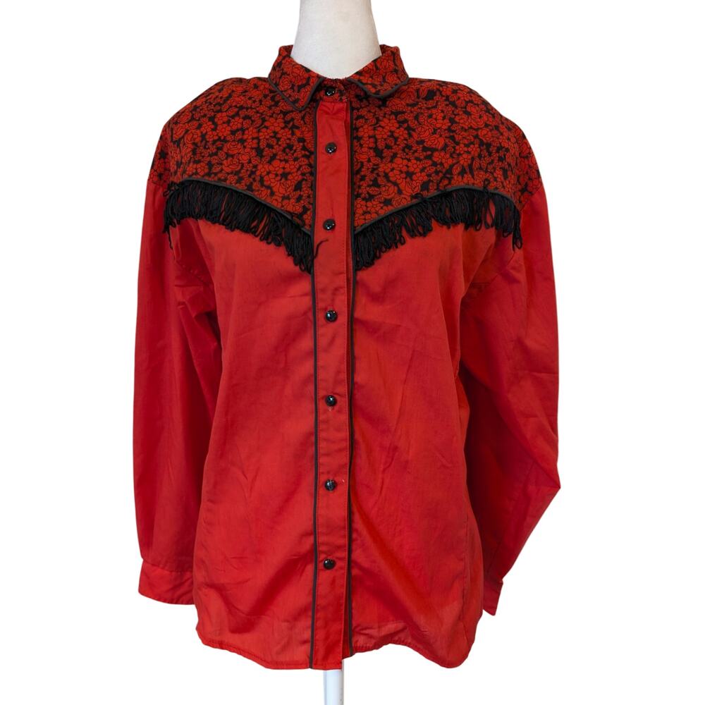 Vintage Circle T Marilyn Lenox Floral Red Fringe Western Button Up XL